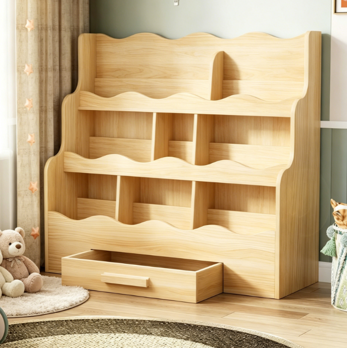 3-Tier Scalloped Kids Bookshelf, 29.6" Wide, Forward-Facing Natural Wood Bookcase for Playroom, Nursery, or Bedroom